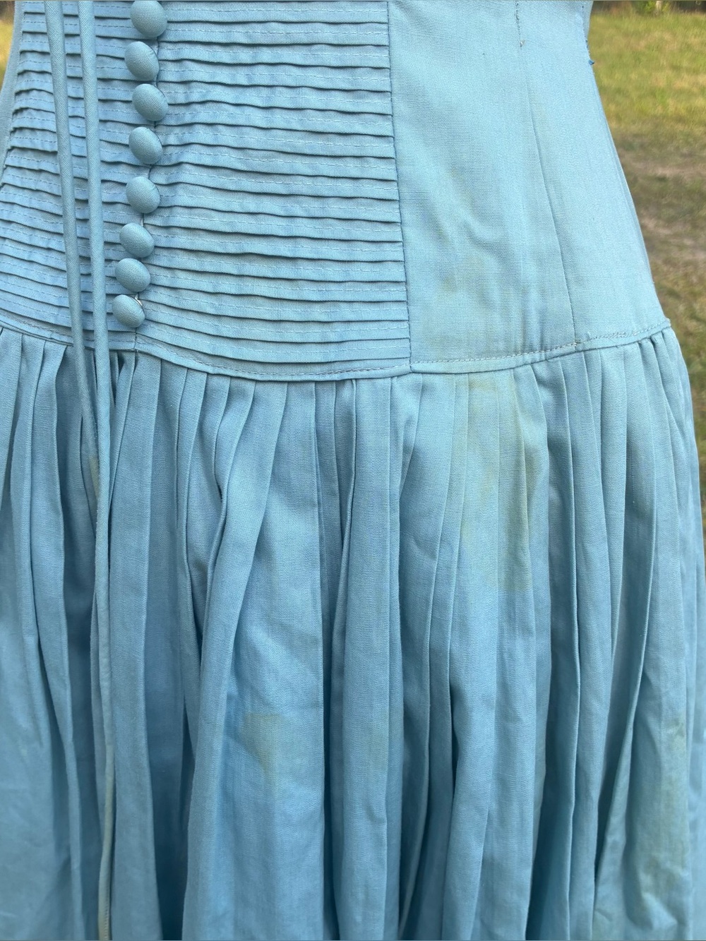 1950s Ice Blue Fit & Flare Dress Pintuck Covered Buttons Cottagecore Pinup XS/S - Picture 3 of 9